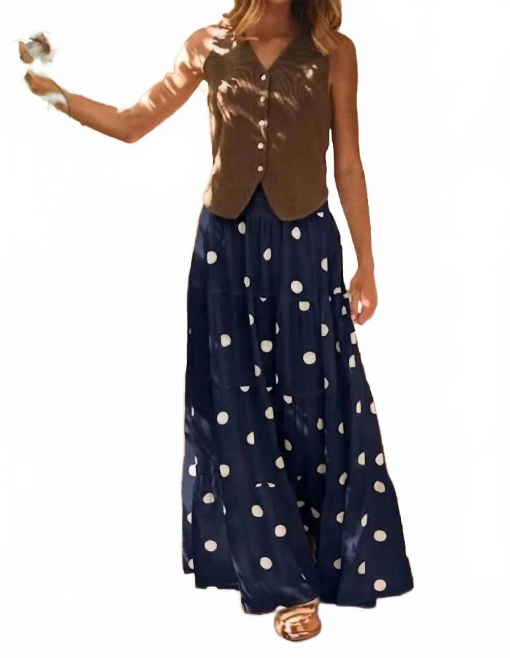 NEW ODDI women's tiered polka dot maxi skirt in navy white